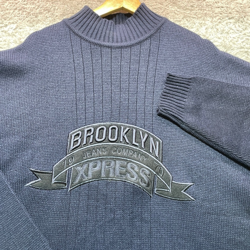 Brooklyn Xpress Jeans Co Mens XL Vintage Mock Neck Sweater Navy Blue Embroidered